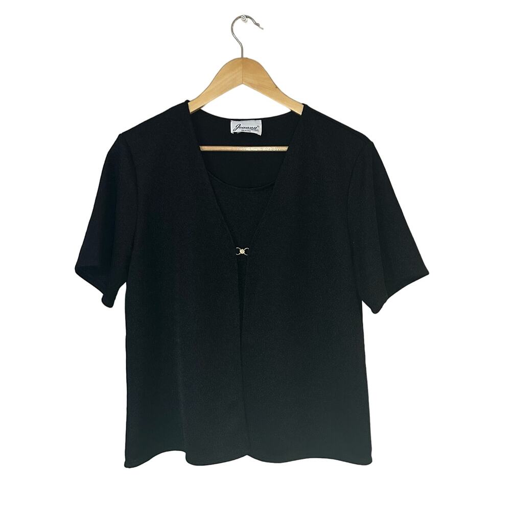 Vintage Joanna Petite Black Short Sleeve Faux Layered Top Size Large